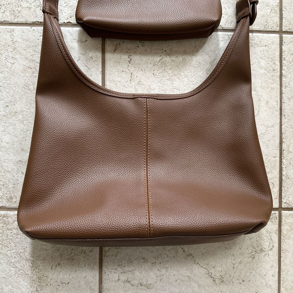 Women's Brown Tote Purse Handbag Faux Leather w/ Makeup Cosmetics Bag - Picture 4 of 16